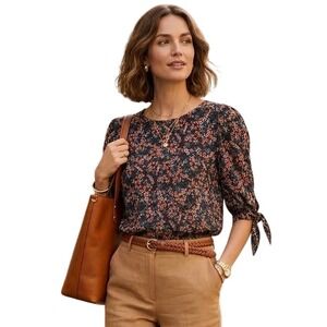 CeCe Womens Ditsy Floral Tie Sleeve Blouse Black Pink XS Small NWOT $89